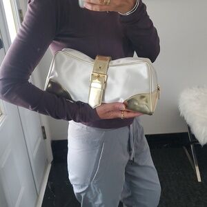 Dior Large Cosmetic Clutch Bag White Satin & Gold Patent Leather With Buckle
